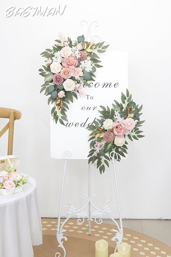 Arch Flowers (Pack of 2) for Wedding Ceremony Arbor and Reception Backdrop Decoration Wedding Welcome Signs Floral Birthday Party Decoration(White Pink)