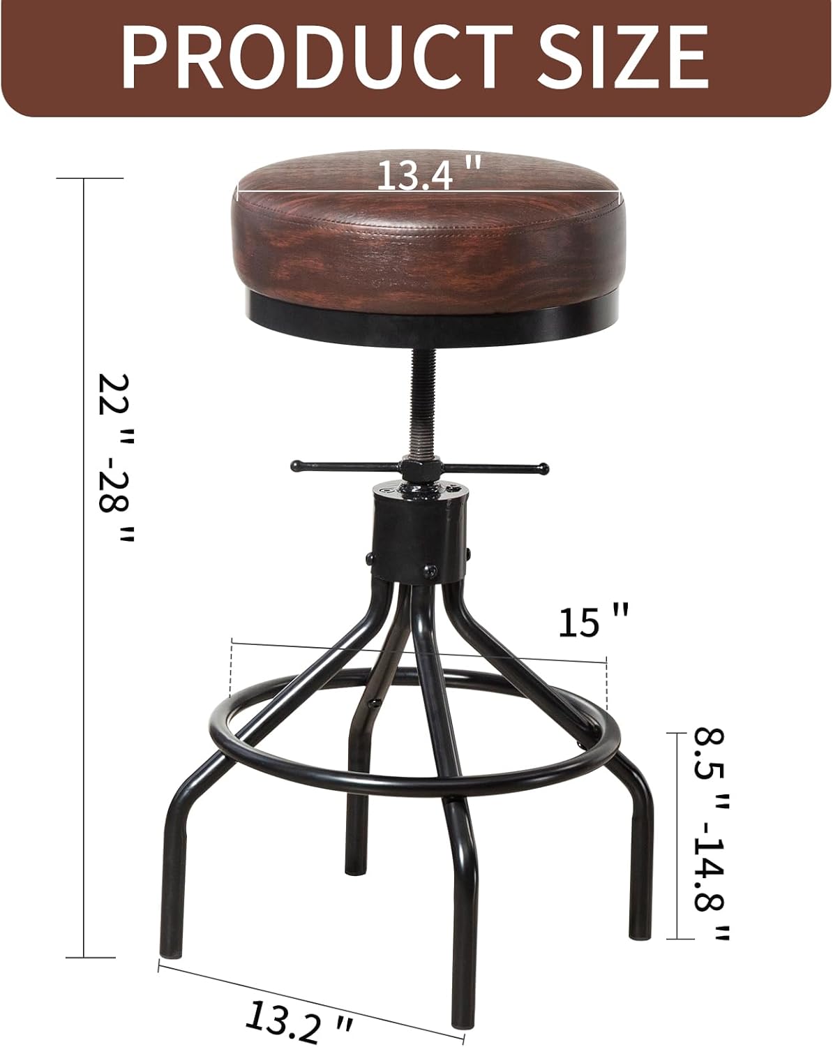 Industrial Barstools Set of 2 Adjustable Swivel Round Bar Stools Modern PU Leather 28inch Backless Counter Height Stool Metal Bar Chair for Kitchen Island (2, Walnut)