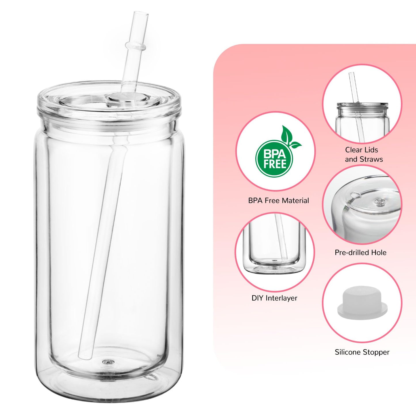 Cuguords 20 Pack Bulk 16oz Snow Globe Tumblers with Lids, Straws & Plugs, Double Wall Acrylic Plastic Cups, Pre-Drilled Hole DIY Snowglobe Tumbler Supplies, Clear Vaso Para Decorar con Glitter