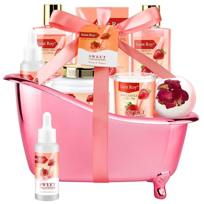 Spa Kit for Women, Bath & Body Gift Set, Luxury Home Spa Bath Gift Basket, Strawberry Scented Bath Set Christmas Gifts for Women, Pamper Gifts for Girls & Teens, Birthday Gift, Bath Self Care Gift