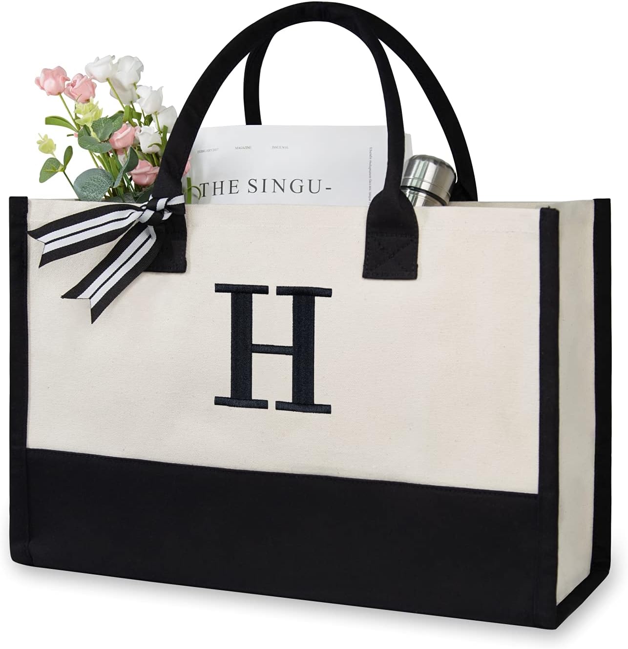 TOPDesign Embroidery Initial Canvas Tote Bag, Personalized Present Bag, Suitable for Wedding, Birthday, Beach, Holiday, is a Great Gift for Women, Mom, Teachers, Friends, Bridesmaids (Letter H)