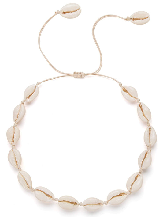 Nackiy Handmade Sea Shell Necklace for Women Summer Adjustable Natural Shell Collar Necklace(Beige Braided Rope)