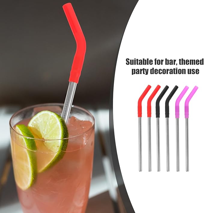 DECHOUS 6Pcs Reusable Metal Drinking Straws with Silicone Tips Stainless Steel Straws in Red Black Purple for Cold and Hot Beverages