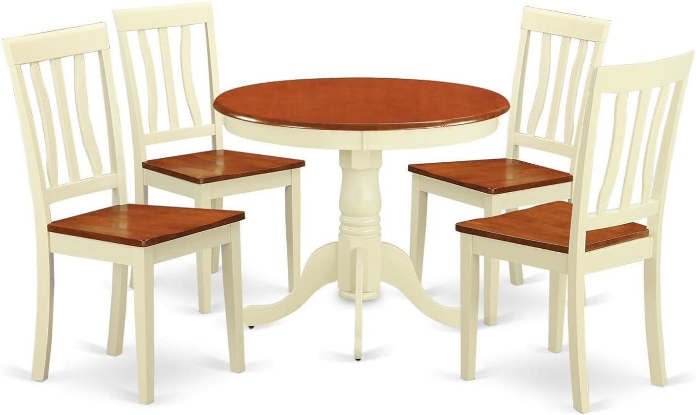 East West Furniture ANTI5-WHI-W 5 Piece Modern Dining Table Set Includes a Round Kitchen Table with Pedestal and 4 Dining Chairs, 36x36 Inch, Buttermilk & Cherry