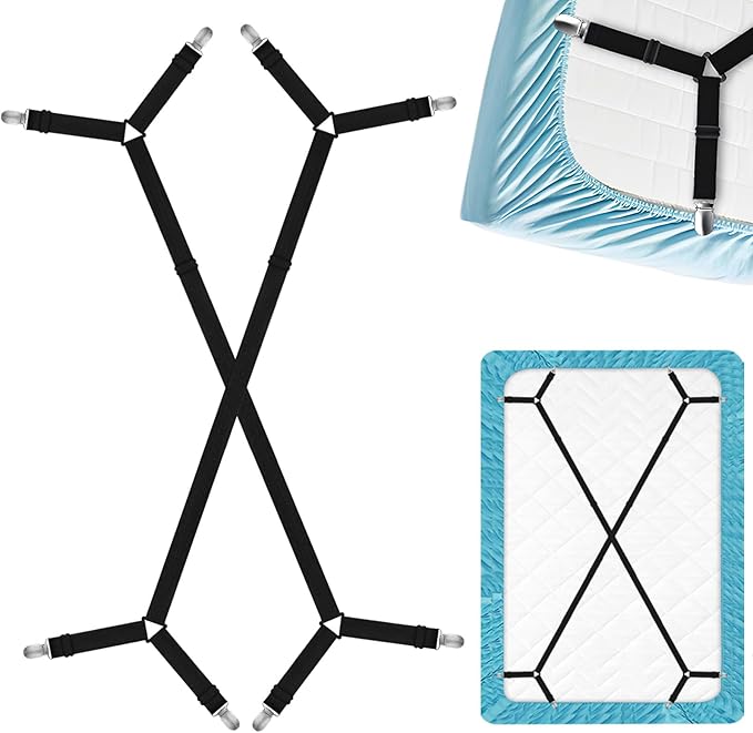 Bed Sheet Holder Straps, 2 Pcs Adjustable Mattress Sheet Clips, Bed Sheet Fasteners Elastic Sheet Suspenders to Keep Bed Sheet in Place for Different Beds (X-Black)