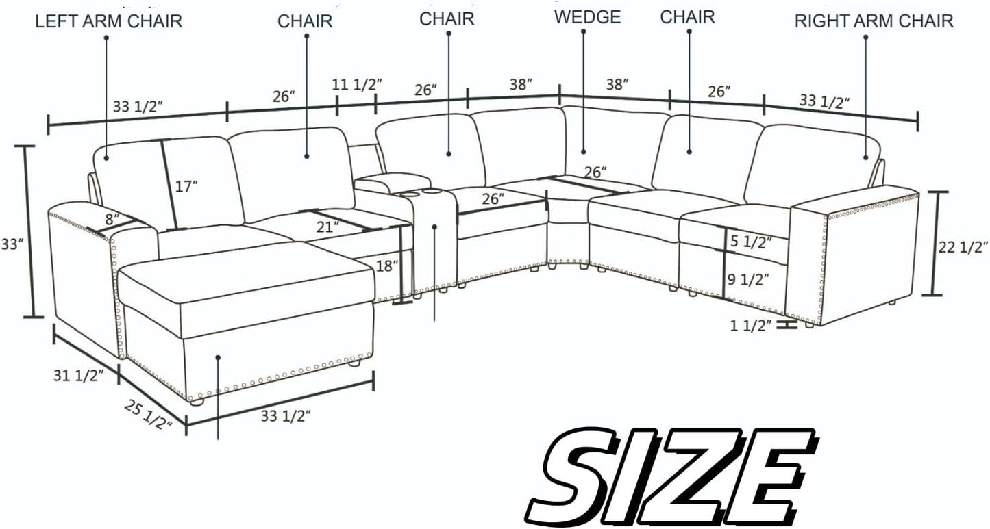 Sectional Couches for Living Room, Modular Sectional Sofa with Ottoman, Modern Nail-Head Design Large Corner L Shaped Couch with Cup Holder for Bedroom, Brown