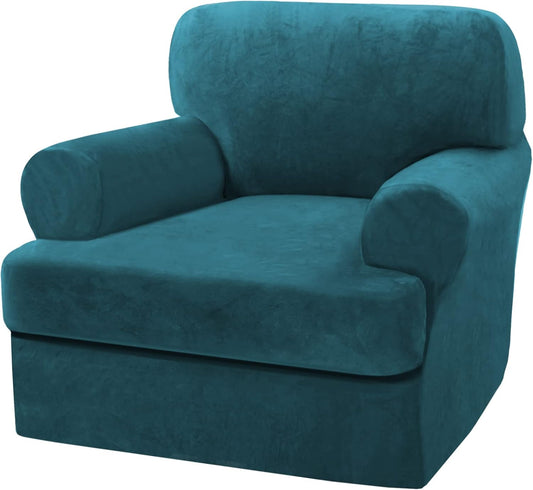 H.VERSAILTEX Sofa Cover 2 Piece T Cushion Armchair Slipcovers Velvet Couch Cover Furniture Protector Stretch T Cushion Sofa Covers for 1 Cushion Couch with 1 Individual T Cushion Covers, Deep Teal