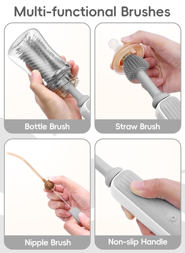 Electric Bottle Brush Cleaner, Baby Bottle Brush Travel Set, 360° Efficient Cleaning, 2000 mAh Battery, Travel Bottle Brush Set with Drainage Rack and Storage Box, Baby Travel Essential Grey