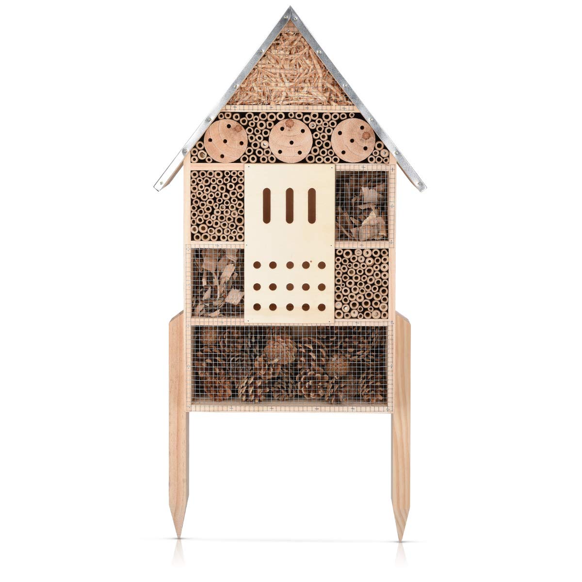 Navaris Insect House with Stakes - Extra Large Wooden Bug Hotel 22.4" H x 15" W - Bee, Butterfly, Ladybug Natural Nesting Habitat for Garden and Yard