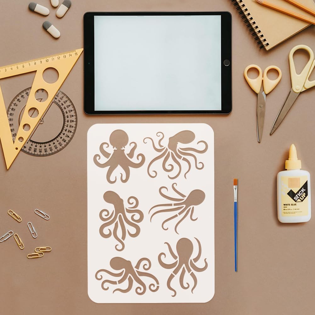 FINGERINSPIRE Octopuses Stencil with 1Pc Plastic Paint Brush 8.3x11.7inch Reusable Octopus Pattern Animal Theme Template for Painting on Wall Wood Fabric Canvas Furniture DIY Home Decoration