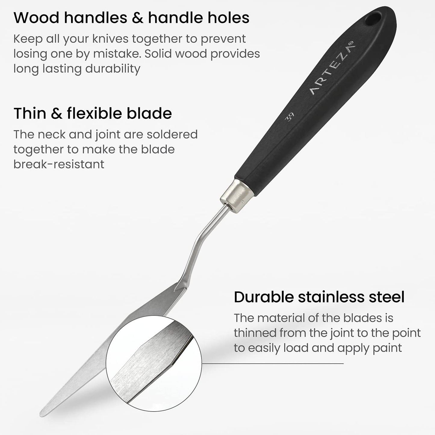Arteza Palette Knives 8-Pack, Sizes No. 1, 25, 7, 15, 39, 23, 17, 21, Durable Stainless Steel Blade & Break-Resistant Wooden Handle, Art Supplies for Oil & Acrylic Painting