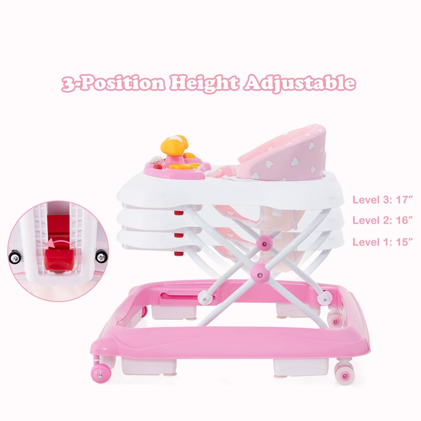 INFANS Foldable Baby Walker, 3 in 1 Toddler Walker Leaning-Seated Walk-Behind with Removable Music Tray, Adjustable Height, Washable Seat Cushion for Boys and Girls (Heart)