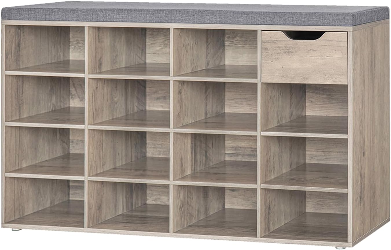 DINZI LVJ Shoe Bench, Entryway Storage Bench with Drawer and 15 Cubbies, Cubby Shoe Rack with Adjustable Shelves, Shoe Organizer Cabinet for Living Room, Bedroom, Mudroom, Closet and Garage, Greige