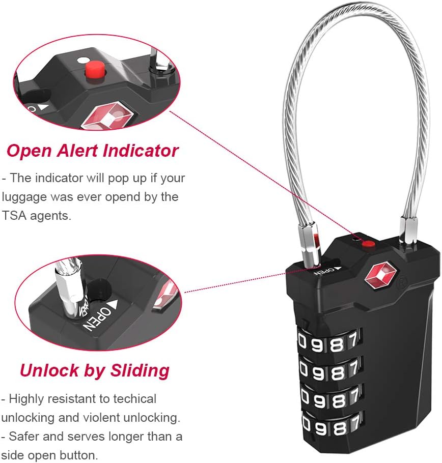 ZHEGE TSA Approved Luggage Lock, Travel Lock, 10,000 Combination Options, 5.5in Flexible Cable, Easy to Use, Secure & Solid, Suitable for Suitcase, Backpack, Briefcase (1 Pack, Black)