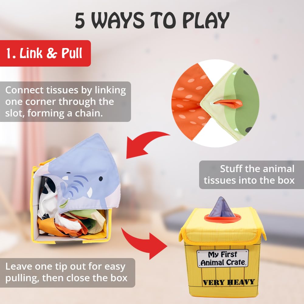 Urban Kiddy™ My First Animal Crate | Sensory Baby Tissue Toy Box, Montessori Toys for Infants & Toddlers, Imaginary Play, Colorful Crinkle Textured Pull Scarves, Educational Preschool Learning