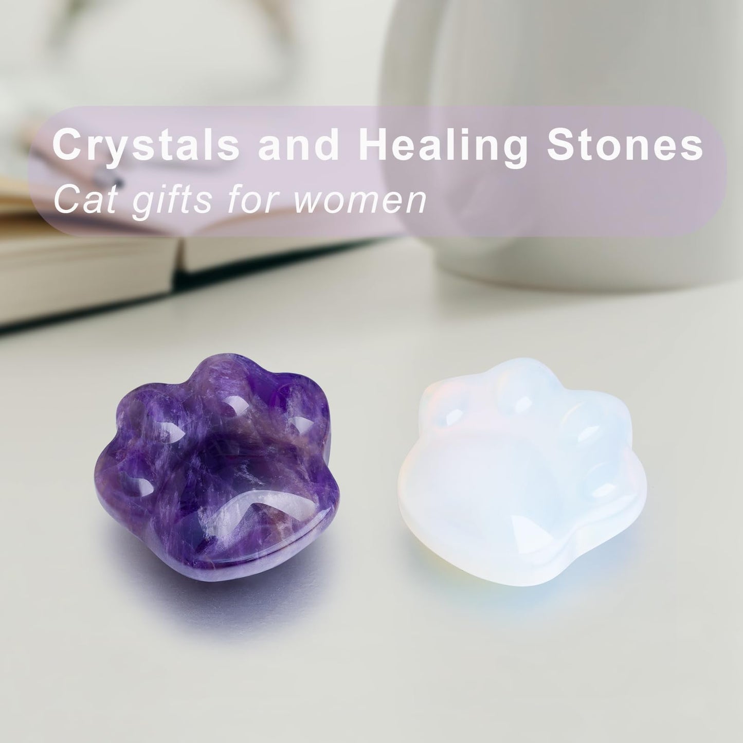 Cat Crystals and Healing Stones, Natural Stone for Anxiety Relief, Pocket-Sized Worry Stones for Stress Relief, Unique Gift for Crystal Cat Lovers Women Men Mother's Day Gifts (White)