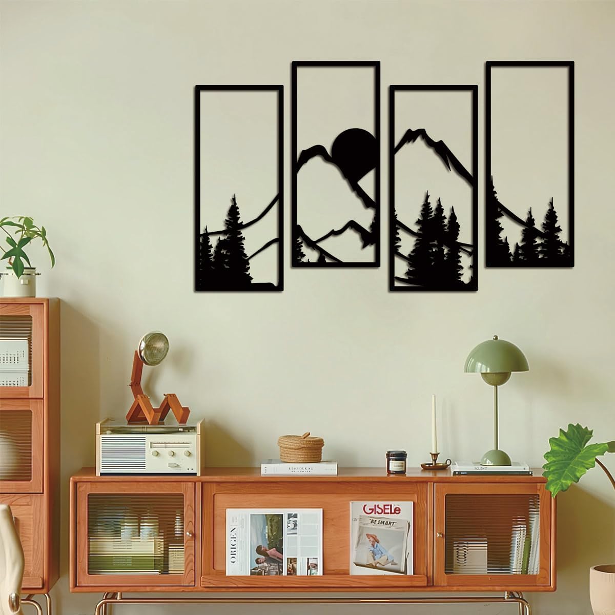 ruelen 4 Pcs Metal Sunset Mountain Forest Wall Decor, Abstract Minimalist Line Drawing Large Mountains Wall Art Home Decor for Living Room Bathroom Bedroom Office Indoor And Outdoor (Black, Large)