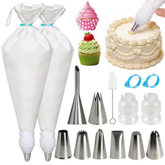 Reusable Cotton Piping Bags and Tips Set -Two 16inch Pastry Bags with 8pcs Large Stainless Icing Tips for Cake Decorating, Cupcakes, Cookies. Baking Kit for Home Bakers & Chefs