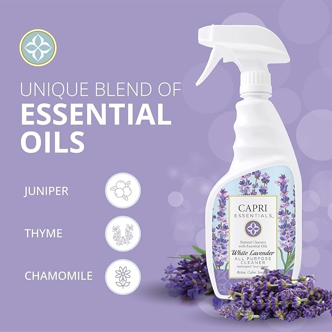 CAPRI ESSENTIALS All Purpose Cleaner, Natural Household Cleaning Supplies, Plant Based Kitchen Counter Surface Spray, Removes Dirt & Grime, Blend of Essential Oils, White Lavender, 23 FL Oz (2 Pack)