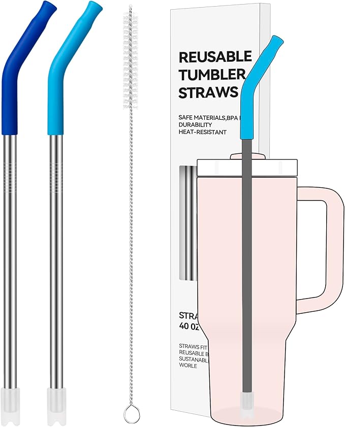 2 PCS 40oz Metal Straws for Stanley 40oz Tumbler, Extra Long Straws with Silicone Tips Anti-Clank Bottom, Fits 64oz Jugs & Large Cups