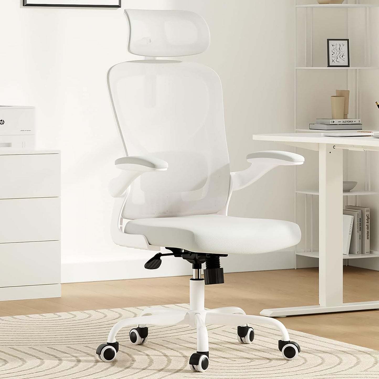 Ergonomic Office Chair, Comfy Home Office Chair High Back Computer Chair with Headrest, Adjustable Back Support, Flip-Up Arms, 90-120° Tilt and Wide Cushion, Up to 300lbs,White
