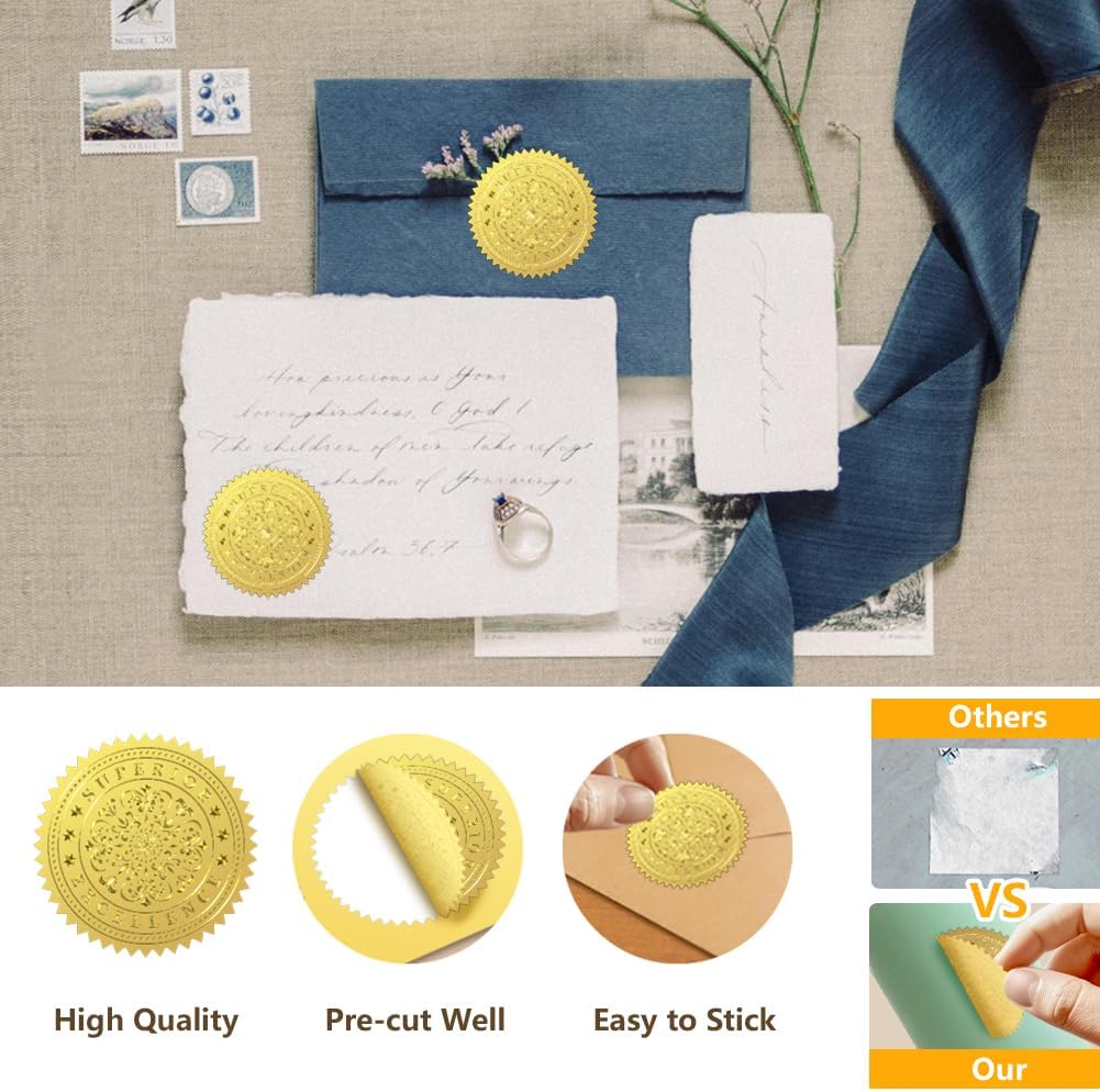 Peacoblue Gold Foil Stickers Seals Official Embossed VIP 2 Inch 100Pcs, Self Adhesive Gold Around Embossing Stickers for VIP Customer Gifts, Invitation Card Decor, Envelope, Certificate of Rights