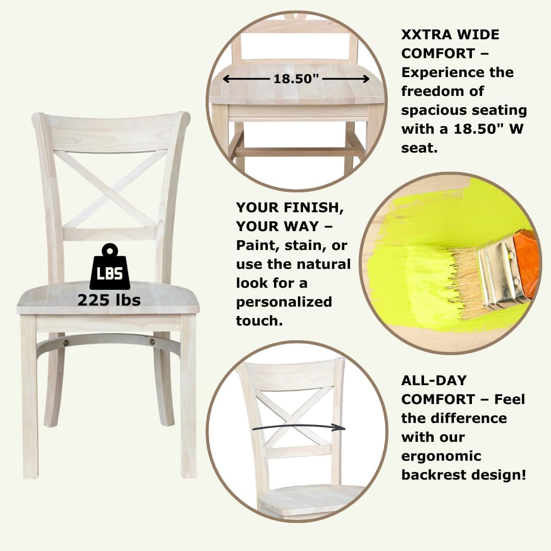IC International Concepts Set of 2 35.8" H Charlotte X-Back Dining Solid Parawood, Stylish and Comfortable Chairs, 18.5''W Seat, Paint or Stain in Any Color to Match Your Decor, Unfinished