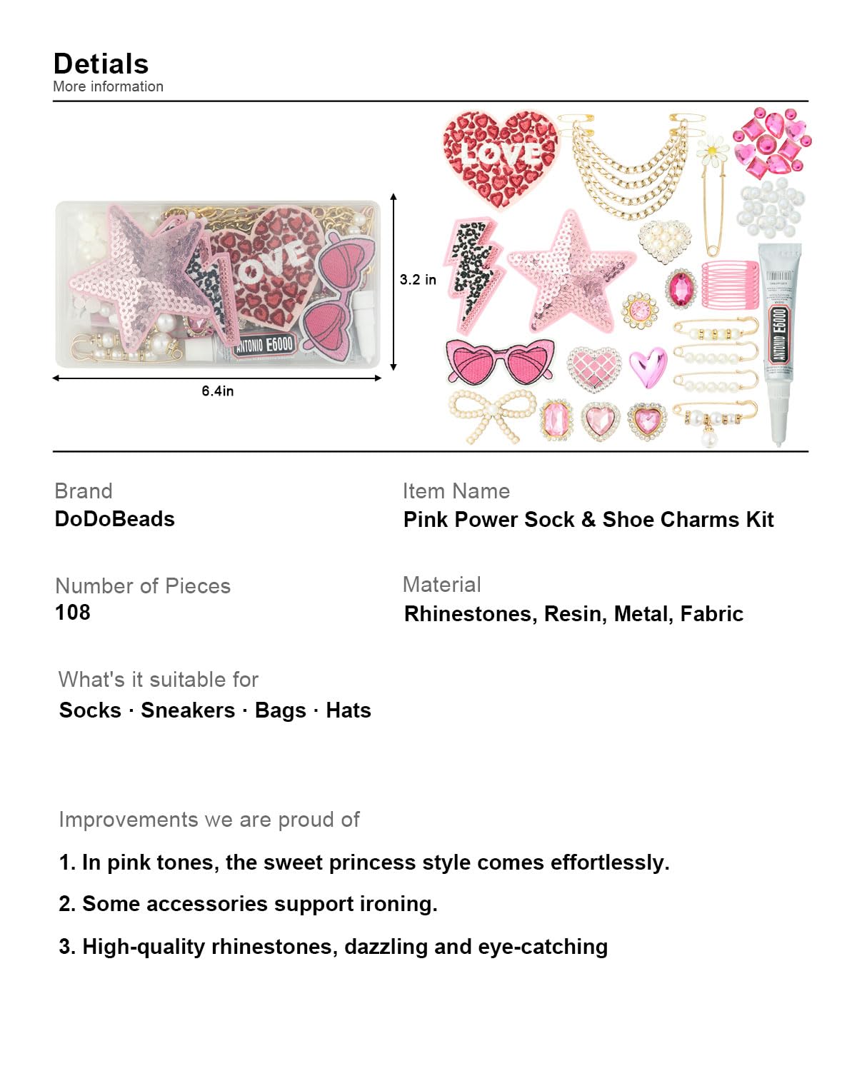 DoDoBeads 108 Pcs Junk Socks Charms Kit, Pink Shoe Charms for Sneakers, Pearl and Rhinestone Sock Charm with Safety Pins, DIY Accessories for Decorating and Personalizing Socks/Shoes/Hats/Bags