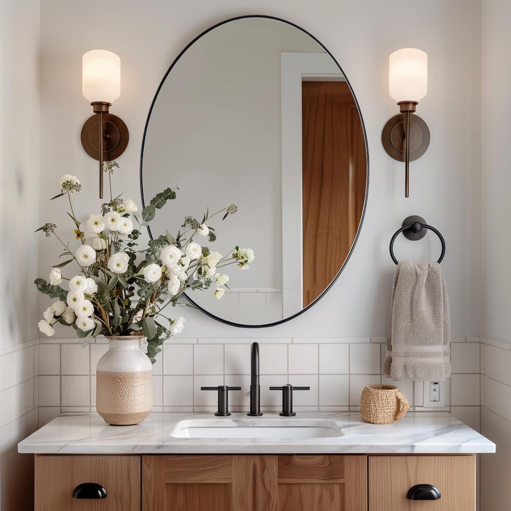 ANDY STAR Black Oval Mirror, 24x32'' Matte Black Metal Framed Oval Wall Mirror, Modern Black Vanity Mirror in Stainless Steel Frame, Wall Mount Horizontal or Vertical