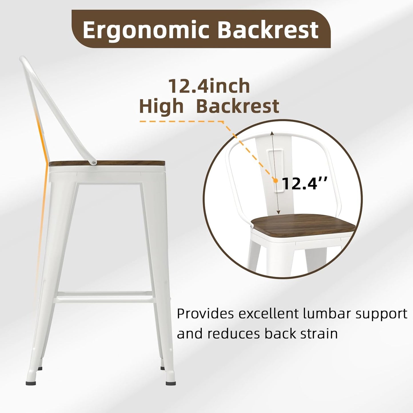 30” Swivel Bar Stools Set of 4, Counter Height Bar Stools Wooden Seat, Metal Industrial Bar Chairs with High Back for Kitchen Island (White)