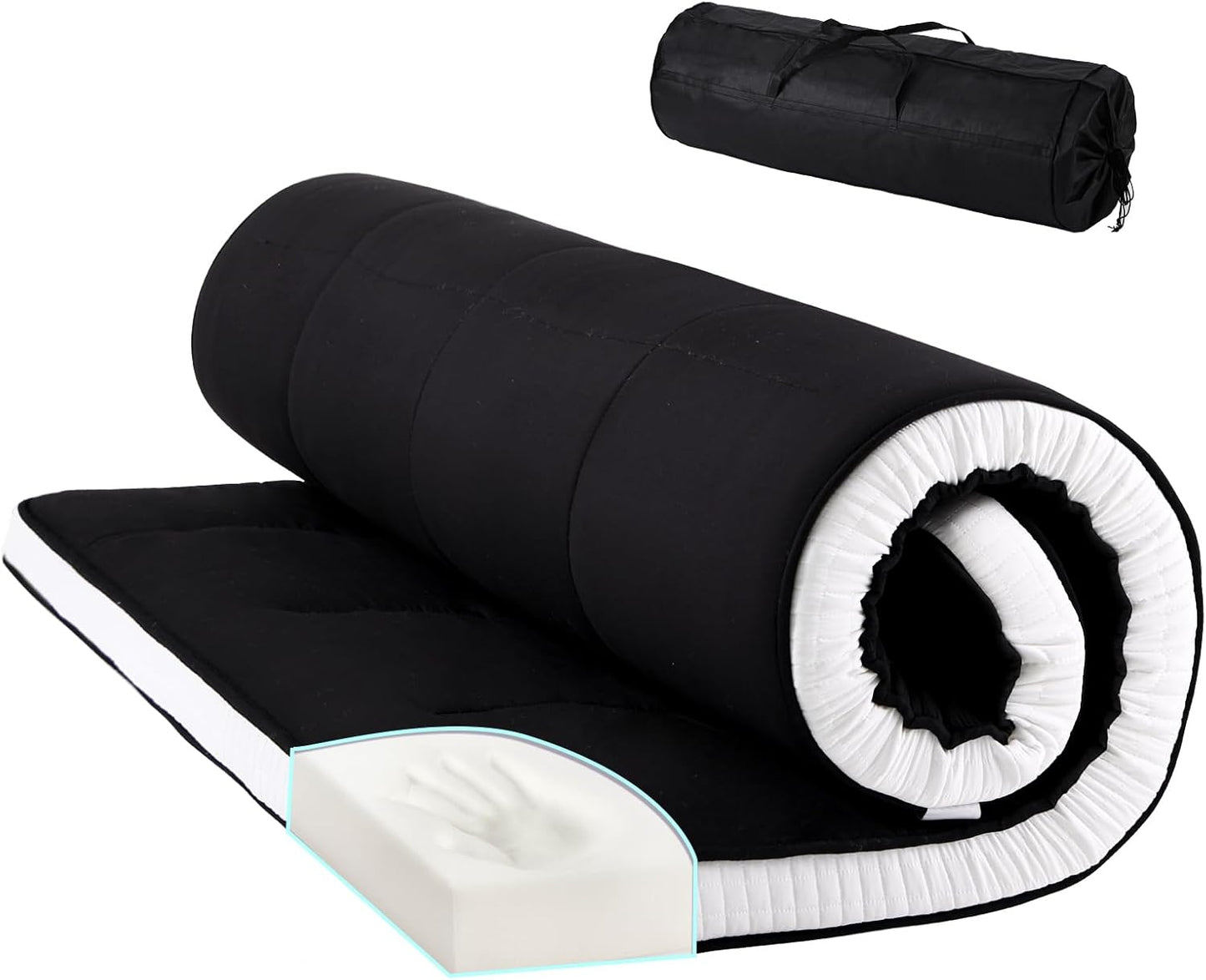 Tiita Queen Memory Foam Mattress Topper, 4" Thicken Futon Floor Mattress with Storage Bag and 2 Straps, Portable Roll Up Travel Car Camping Mattress Sleeping Pad, Black