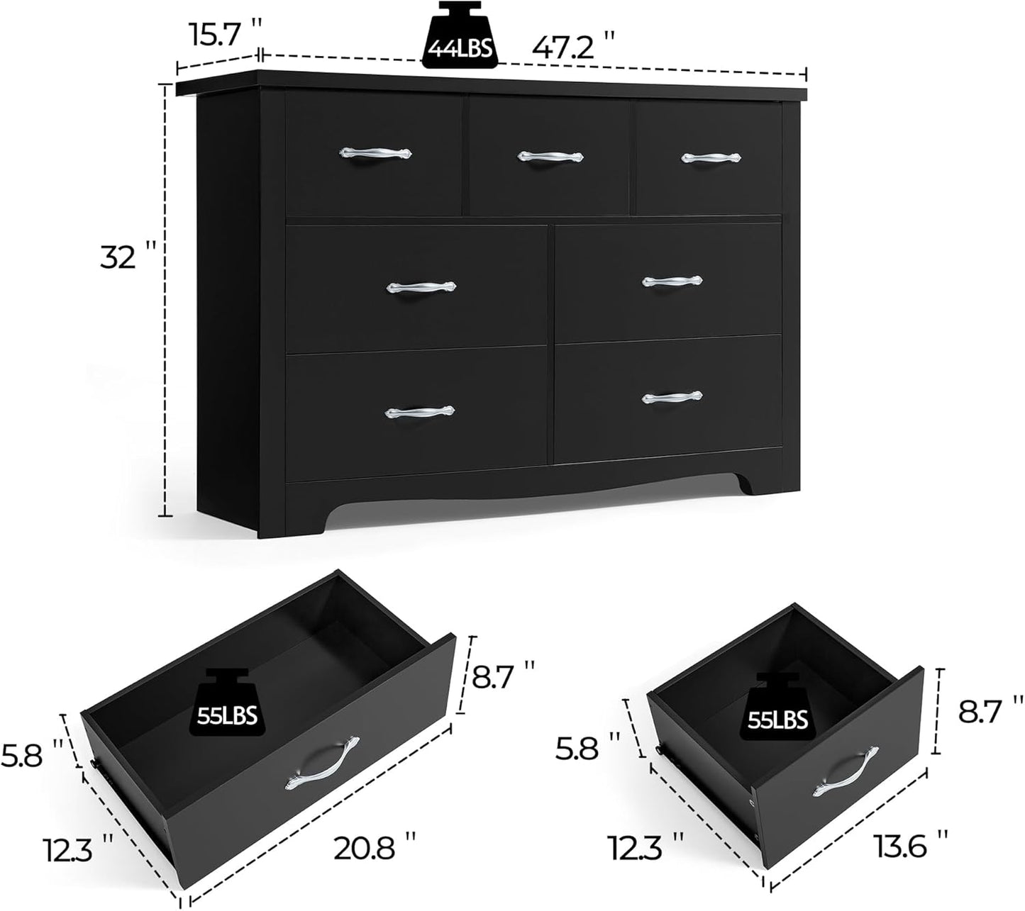 LINSY HOME 7 Drawers Dresser for Bedroom, 47" Wide Rustic Wood Dressers & Chests of Drawers, Modern Storage Dresser with Antique Handles for Closet, Living Room, Hallway, Black