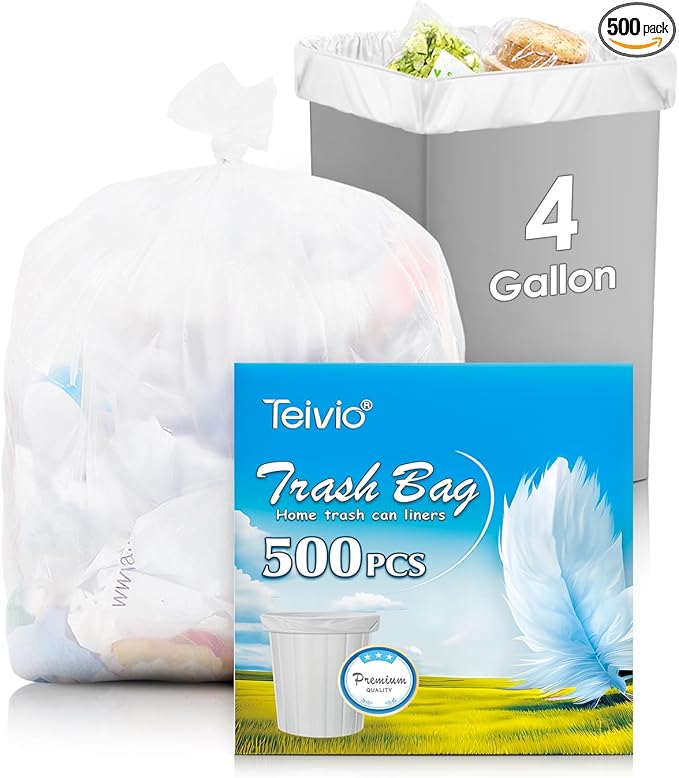 Teivio 4 Gallon 500 Counts Clear Trash Bags Garbage Bags, Mini Waste Basket Liners,Bathroom Trash Can Bin Liners, Small Plastic Bags for Home Office Kitchen Car Bedroom Dog waste Baby Diaper
