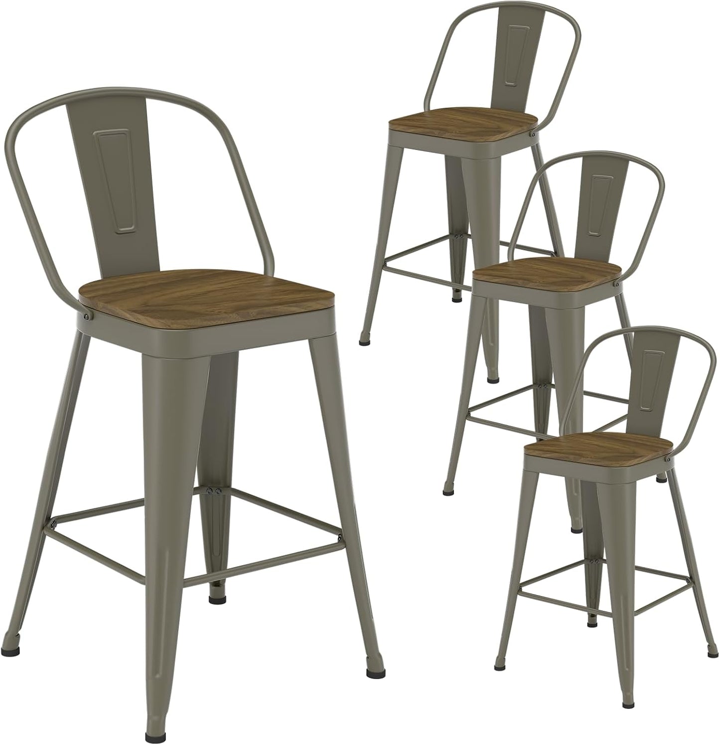 Metal Bar Stools Set of 4, High Back Bar Stools with Wooden Seat, 26 inch Rusty Barstools for Kitchen Island