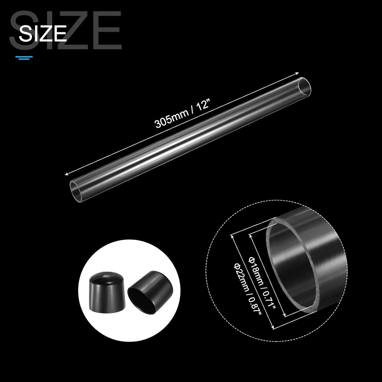 PATIKIL Clear Rigid Tube Round Plastic Tubing with Black Rubber Caps Polycarbonate Water Pipe, 305mm/ 12 Inch Length, 18mmx22mm/0.71"x0.87", 2 Set