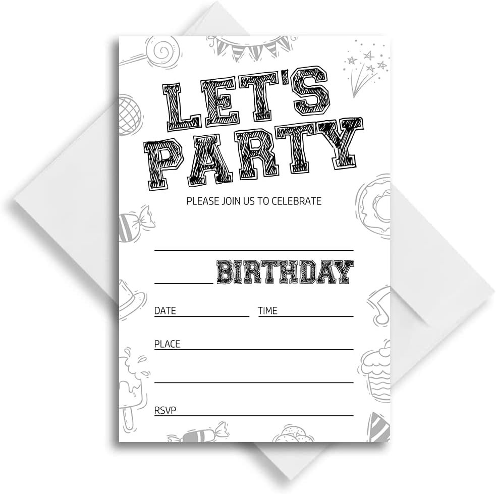 Birthday Invitations with Black and White Design, Birthday Invitations for Boys Teens Kids Girls, Birthday Invitations, Birthday Party Invitations. (Let's Party (082))