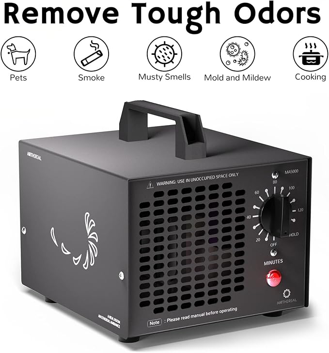 Airthereal MA5000 Commercial Ozone Generator, High Capacity Ozone Machine Odor Removal - Home Air Ionizers O3 Deodorizer for Rooms, Smoke, Cars and Pets, Eliminate Odors up to 2000sq.ft., Black