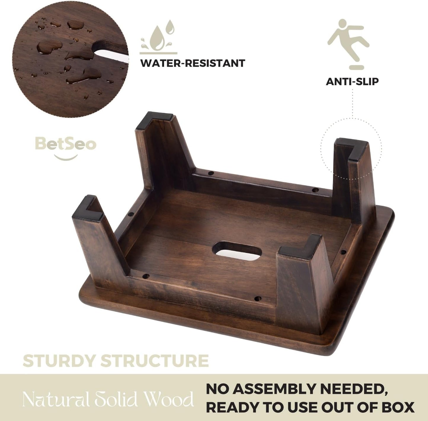 Wooden Step Stool (16.5" D x 12" W x 6.5" H) No Assembly Needed, Bed Steps for High Beds for Adults - Natural Solid Wood One Step Stool, Heavy Duty- Holds up to 600Lbs- Perfect Safety (Walnut Color)