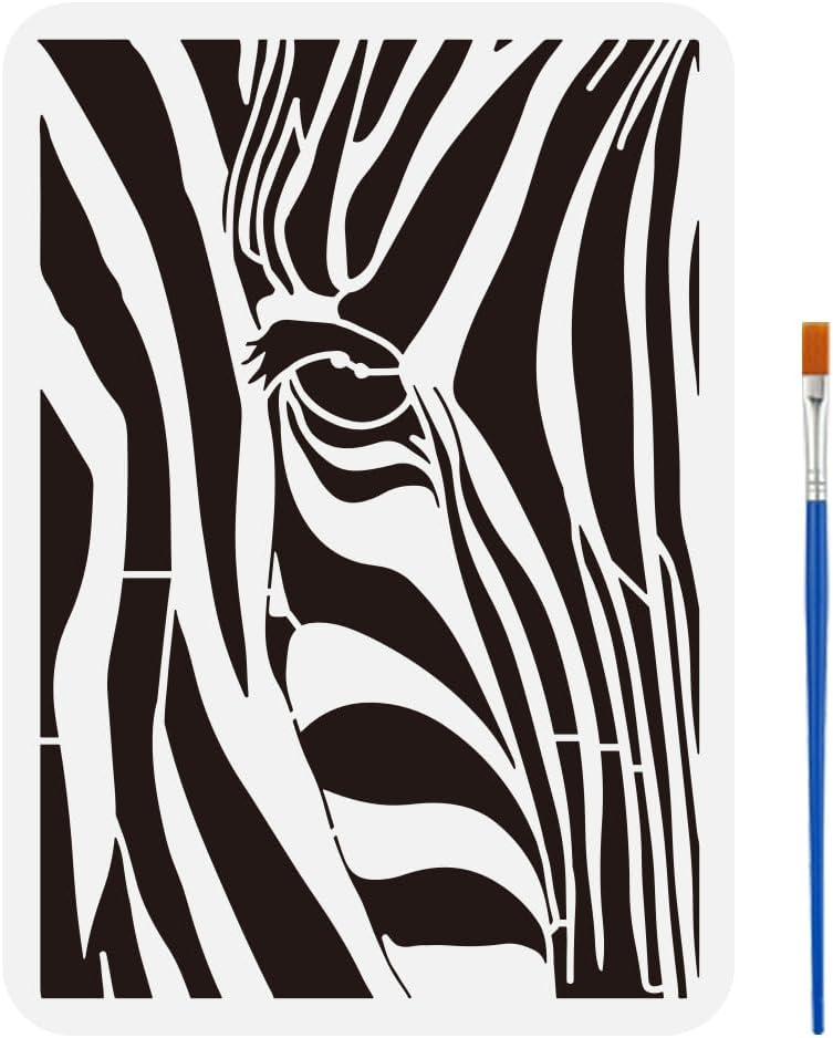 FINGERINSPIRE Peek at Zebras Stencil with a Paint Brush 11.7x8.3Inch Abstract Zebra Pattern Painting Stencil Reusable PET Animal Themes Decoration Template for Painting on Wood Wall Floor Furniture