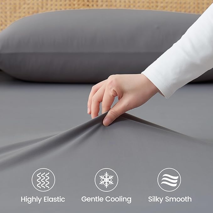 Cozy Bliss Premium Cooling Sheet Set King Size, Q-Max>0.4, 3PCS No Flat Sheet with 2 Pillowcases, Breathable Fitted Sheet for Hot Sleepers & Night Sweats, Deep Pocket Up to 18 Inches, Dark Grey