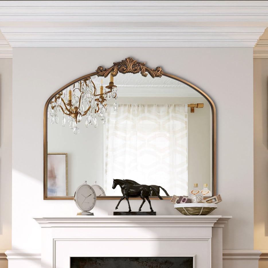 Gold Wall Mirror, Large Arched Vintage Baroque Ornate Mirrors, Traditional Decorative Antique Brass Mirror for Entryway Table, Living Room, Bedroom, Bathroom Vanity, Fireplace (30” x 36”)