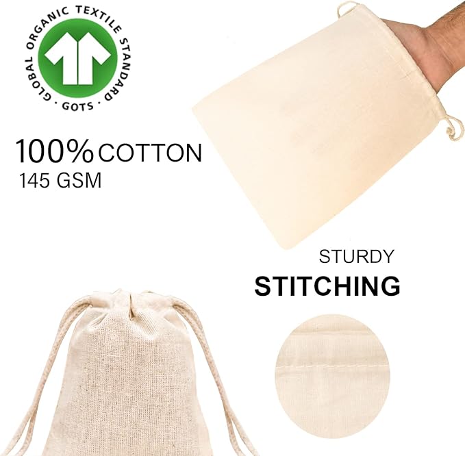 12x18 inches Natural Cotton Double Drawstring Reusable Produce Muslin Bags – Multipurpose Drawstring Storage Pouch for Everyday Use (Pack Of 25)