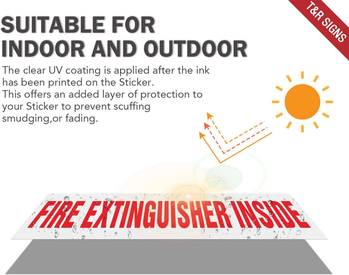 T&R Fire Extinguisher Inside Sign Stickers - 10 Pack - 9" x 1.7" Self-Adhesive Vinyl Reflective, UV resistant, Waterproof, Fade and Scratch Resistant, Suitable for Vehicles Indoor and Outdoor - White
