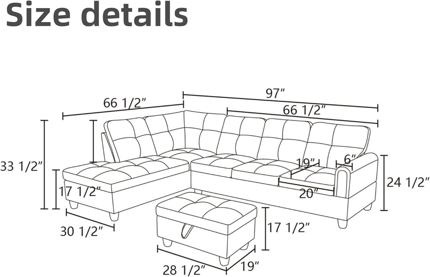 L Shaped Sectional Couches for Living Room, Modern Modular Sectional Sofa with Ottoman Storage, Comfy L Shaped Couch with Chaise for Bedroom Apartment Furniture, Coffee