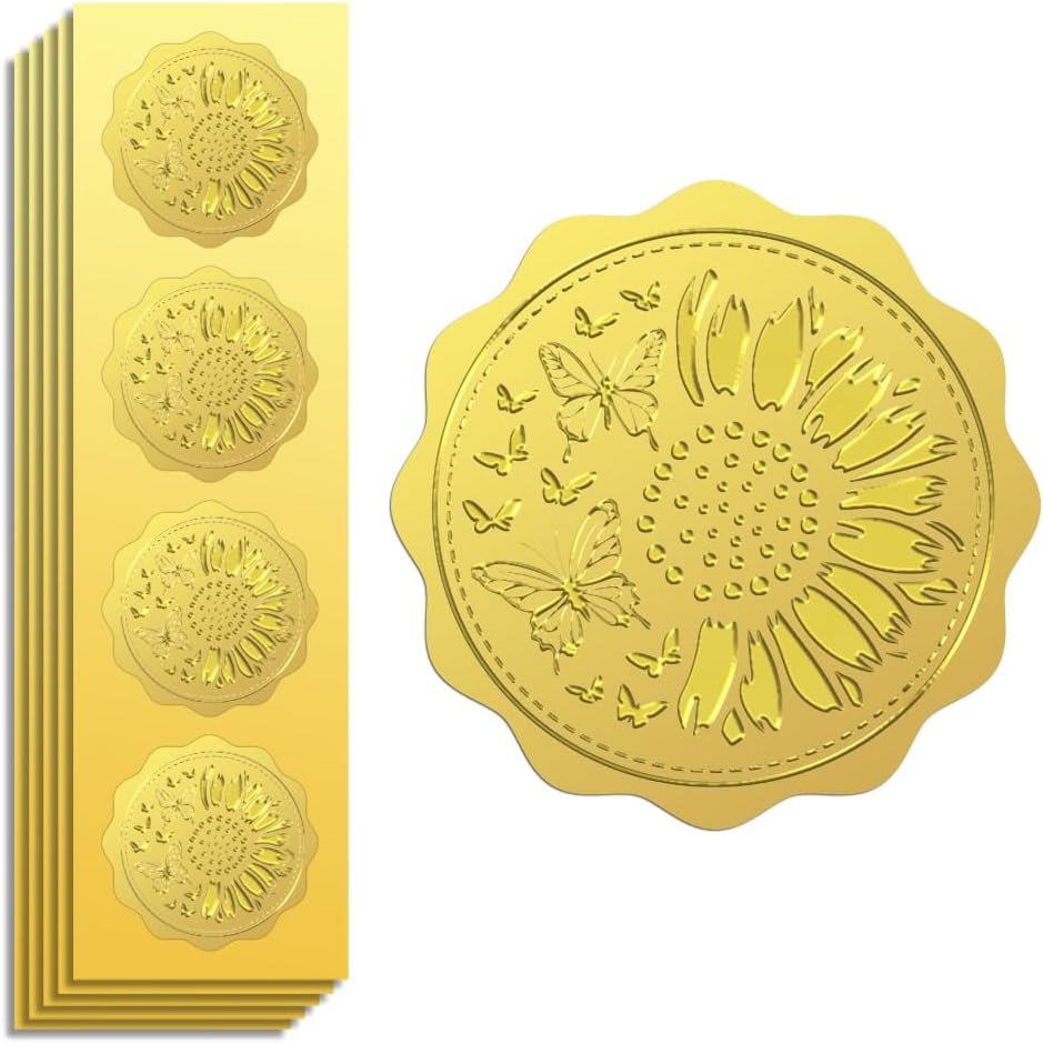 Peacoblue Gold Foil Sticker Seal Embossed 2 Inch 100Pcs Sunflower and Butterfly, Self Adhesive Gold Around Embossing Sticker for Invitation Certificate Envelope Seal Gift Card Decoration