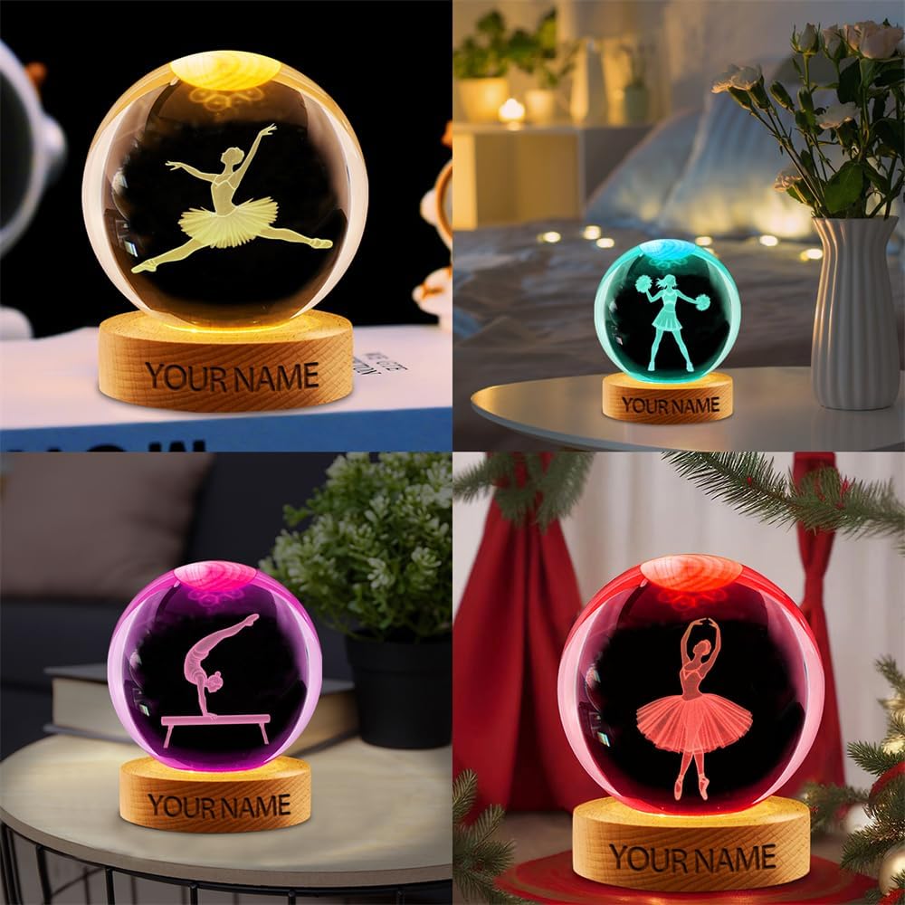 Personalized Gymnastics Crystal Night Light Gift for Women, Custom Name/Number Gymnastics Player 3D Crystal Ball Night Light Lamp for Bedroom Room Sports Decor Party Bar Christmas Birthday Gift