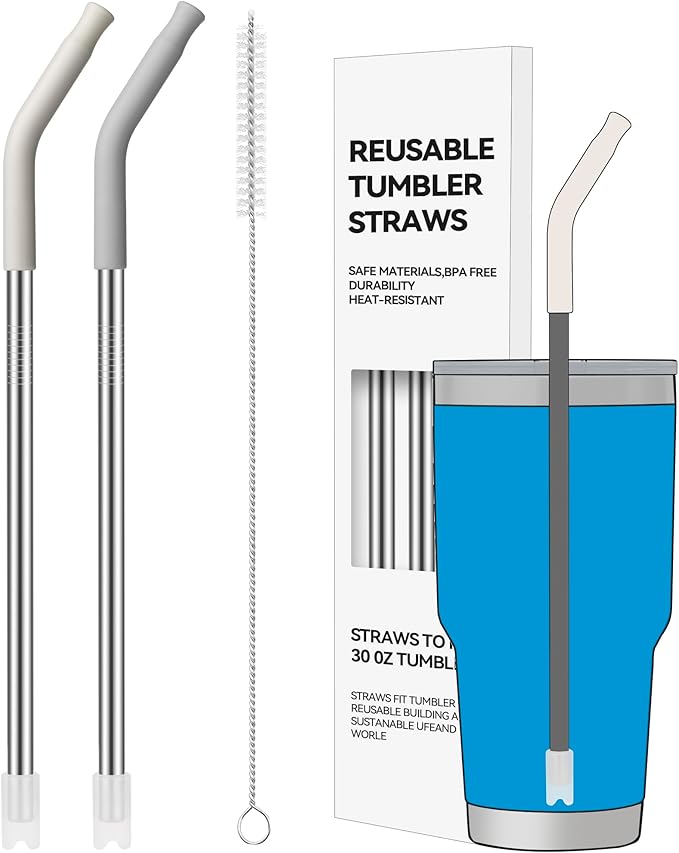 2 PCS 30oz Reusable Straws Ideal for 30oz Stanley Cup & 24oz Tumblers, Stainless Steel Drinking Straw with Anti-Clank Silicone Bottom, Fits Most Medium-Size Mugs