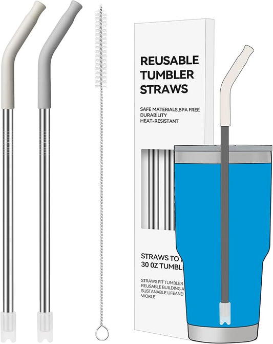 2 PCS 30oz Reusable Straws Ideal for 30oz Stanley Cup & 24oz Tumblers, Stainless Steel Drinking Straw with Anti-Clank Silicone Bottom, Fits Most Medium-Size Mugs