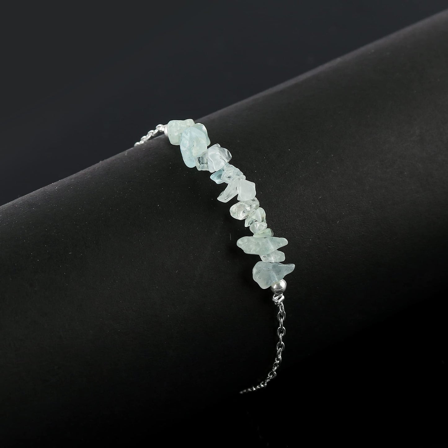 Gemimpression Handmade Aquamarine Chips Bar Bracelet – Natural Energy Healing Crystals – Silver Plated Adjustable 8 Inch Chain – Christmas Gift
