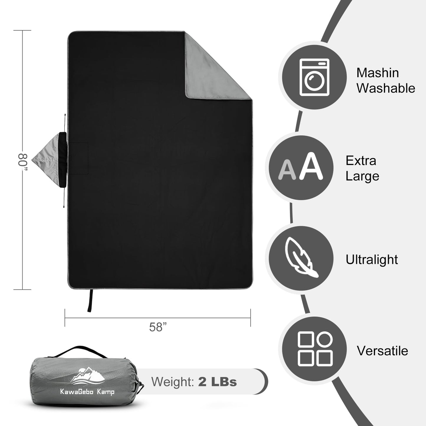 KawaGebo Kamp Fleece Waterproof Outdoor Blanket - Windproof Stadium Blanket for Camping, Picnics, and Sports Stay Dry and Comfortable 80"x 58"(Hoodeed, Gray)